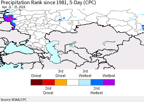 Russian Federation Precipitation Rank since 1981, 5-Day (CPC) Thematic Map For 4/21/2024 - 4/25/2024