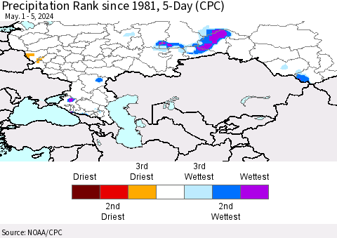 Russian Federation Precipitation Rank since 1981, 5-Day (CPC) Thematic Map For 5/1/2024 - 5/5/2024
