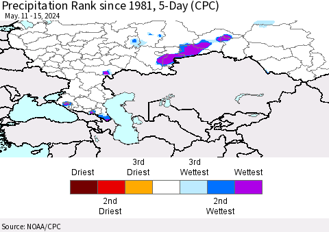 Russian Federation Precipitation Rank since 1981, 5-Day (CPC) Thematic Map For 5/11/2024 - 5/15/2024
