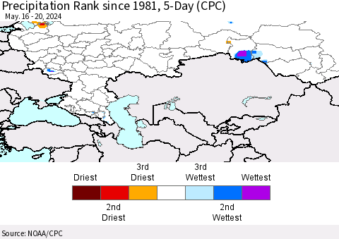 Russian Federation Precipitation Rank since 1981, 5-Day (CPC) Thematic Map For 5/16/2024 - 5/20/2024