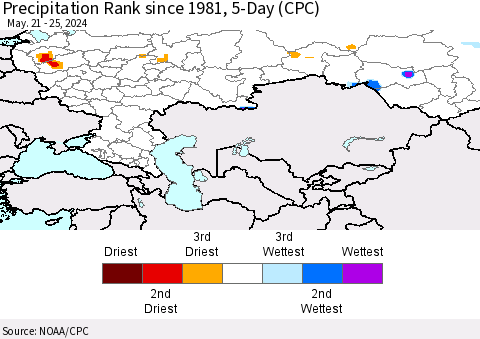 Russian Federation Precipitation Rank since 1981, 5-Day (CPC) Thematic Map For 5/21/2024 - 5/25/2024