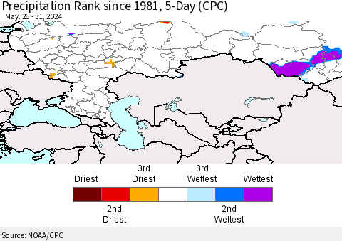 Russian Federation Precipitation Rank since 1981, 5-Day (CPC) Thematic Map For 5/26/2024 - 5/31/2024