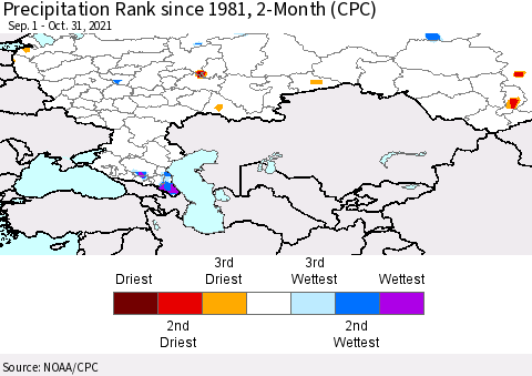 Russian Federation Precipitation Rank since 1981, 2-Month (CPC) Thematic Map For 9/1/2021 - 10/31/2021