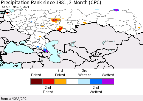 Russian Federation Precipitation Rank since 1981, 2-Month (CPC) Thematic Map For 9/6/2021 - 11/5/2021