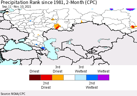 Russian Federation Precipitation Rank since 1981, 2-Month (CPC) Thematic Map For 9/11/2021 - 11/10/2021