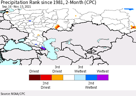 Russian Federation Precipitation Rank since 1981, 2-Month (CPC) Thematic Map For 9/16/2021 - 11/15/2021