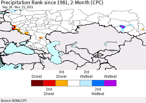 Russian Federation Precipitation Rank since 1981, 2-Month (CPC) Thematic Map For 9/26/2021 - 11/25/2021