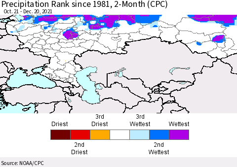 Russian Federation Precipitation Rank since 1981, 2-Month (CPC) Thematic Map For 10/21/2021 - 12/20/2021
