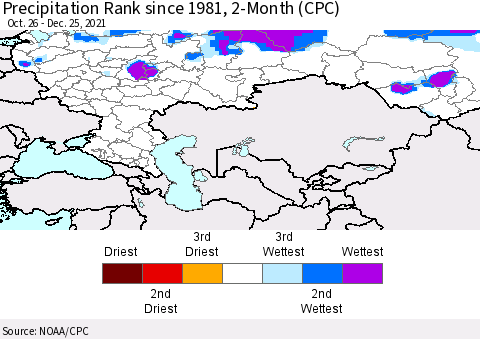 Russian Federation Precipitation Rank since 1981, 2-Month (CPC) Thematic Map For 10/26/2021 - 12/25/2021