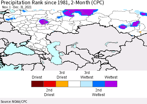 Russian Federation Precipitation Rank since 1981, 2-Month (CPC) Thematic Map For 11/1/2021 - 12/31/2021