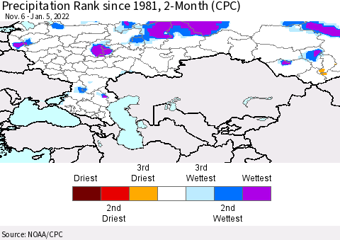 Russian Federation Precipitation Rank since 1981, 2-Month (CPC) Thematic Map For 11/6/2021 - 1/5/2022