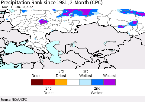Russian Federation Precipitation Rank since 1981, 2-Month (CPC) Thematic Map For 11/11/2021 - 1/10/2022
