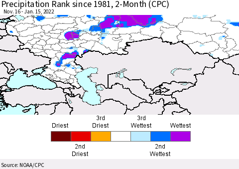Russian Federation Precipitation Rank since 1981, 2-Month (CPC) Thematic Map For 11/16/2021 - 1/15/2022