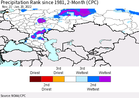Russian Federation Precipitation Rank since 1981, 2-Month (CPC) Thematic Map For 11/21/2021 - 1/20/2022