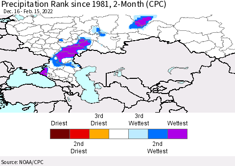 Russian Federation Precipitation Rank since 1981, 2-Month (CPC) Thematic Map For 12/16/2021 - 2/15/2022