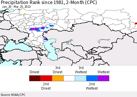 Russian Federation Precipitation Rank since 1981, 2-Month (CPC) Thematic Map For 1/26/2022 - 3/25/2022