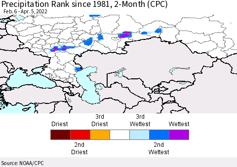 Russian Federation Precipitation Rank since 1981, 2-Month (CPC) Thematic Map For 2/6/2022 - 4/5/2022
