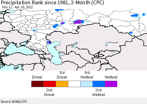 Russian Federation Precipitation Rank since 1981, 2-Month (CPC) Thematic Map For 2/11/2022 - 4/10/2022