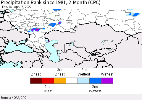 Russian Federation Precipitation Rank since 1981, 2-Month (CPC) Thematic Map For 2/16/2022 - 4/15/2022