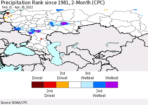 Russian Federation Precipitation Rank since 1981, 2-Month (CPC) Thematic Map For 2/21/2022 - 4/20/2022