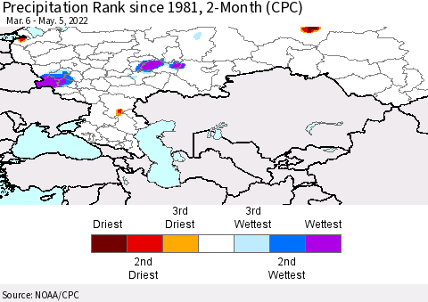 Russian Federation Precipitation Rank since 1981, 2-Month (CPC) Thematic Map For 3/6/2022 - 5/5/2022