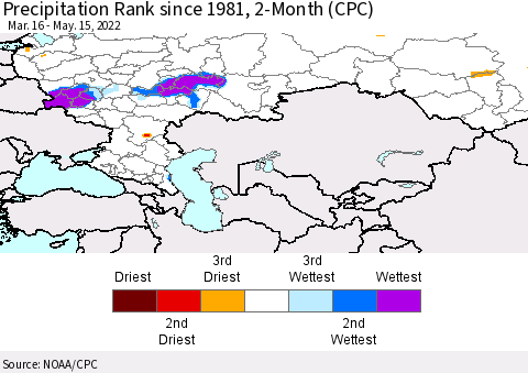 Russian Federation Precipitation Rank since 1981, 2-Month (CPC) Thematic Map For 3/16/2022 - 5/15/2022