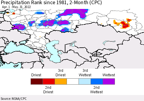 Russian Federation Precipitation Rank since 1981, 2-Month (CPC) Thematic Map For 4/1/2022 - 5/31/2022