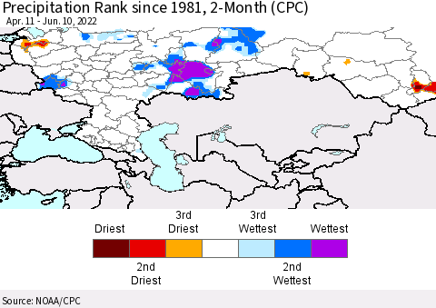Russian Federation Precipitation Rank since 1981, 2-Month (CPC) Thematic Map For 4/11/2022 - 6/10/2022