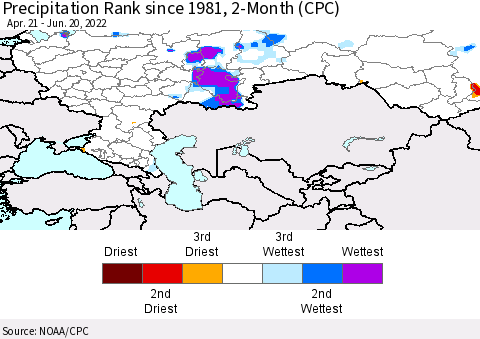 Russian Federation Precipitation Rank since 1981, 2-Month (CPC) Thematic Map For 4/21/2022 - 6/20/2022