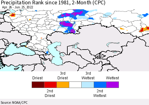 Russian Federation Precipitation Rank since 1981, 2-Month (CPC) Thematic Map For 4/26/2022 - 6/25/2022
