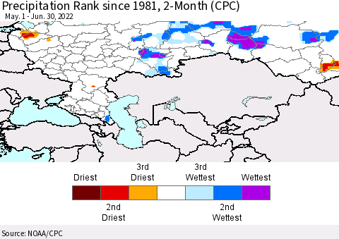 Russian Federation Precipitation Rank since 1981, 2-Month (CPC) Thematic Map For 5/1/2022 - 6/30/2022