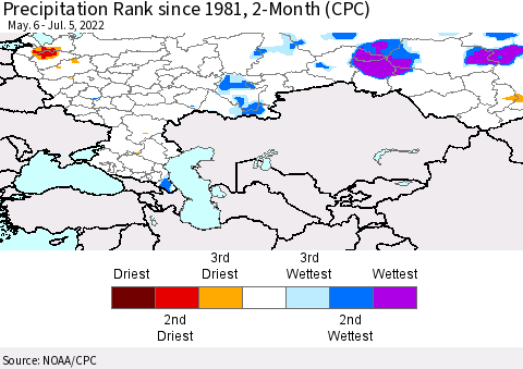 Russian Federation Precipitation Rank since 1981, 2-Month (CPC) Thematic Map For 5/6/2022 - 7/5/2022