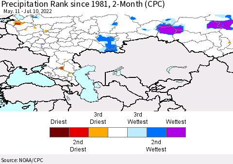 Russian Federation Precipitation Rank since 1981, 2-Month (CPC) Thematic Map For 5/11/2022 - 7/10/2022
