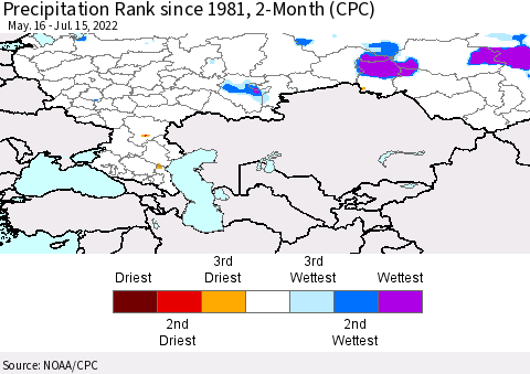 Russian Federation Precipitation Rank since 1981, 2-Month (CPC) Thematic Map For 5/16/2022 - 7/15/2022