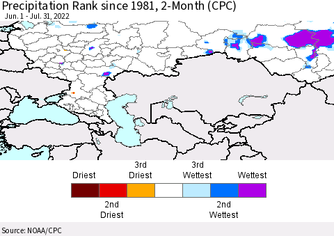 Russian Federation Precipitation Rank since 1981, 2-Month (CPC) Thematic Map For 6/1/2022 - 7/31/2022