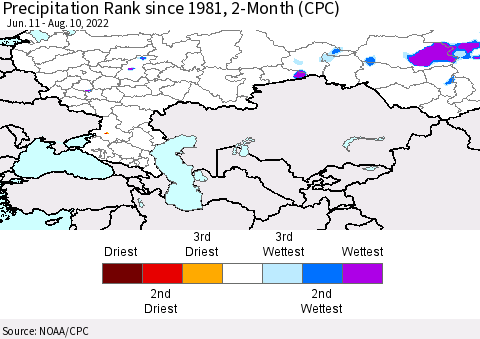 Russian Federation Precipitation Rank since 1981, 2-Month (CPC) Thematic Map For 6/11/2022 - 8/10/2022
