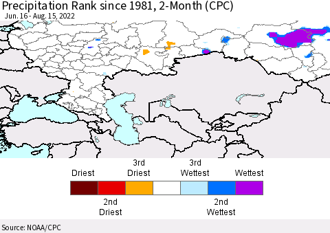 Russian Federation Precipitation Rank since 1981, 2-Month (CPC) Thematic Map For 6/16/2022 - 8/15/2022