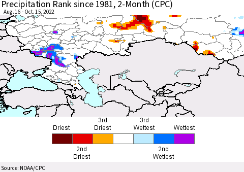 Russian Federation Precipitation Rank since 1981, 2-Month (CPC) Thematic Map For 8/16/2022 - 10/15/2022