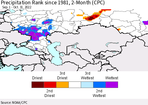 Russian Federation Precipitation Rank since 1981, 2-Month (CPC) Thematic Map For 9/1/2022 - 10/31/2022
