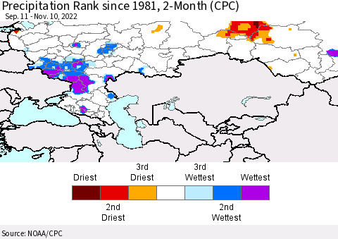 Russian Federation Precipitation Rank since 1981, 2-Month (CPC) Thematic Map For 9/11/2022 - 11/10/2022