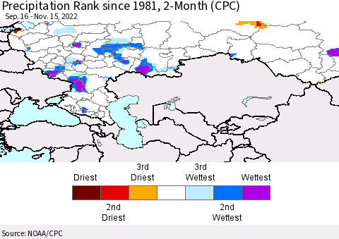 Russian Federation Precipitation Rank since 1981, 2-Month (CPC) Thematic Map For 9/16/2022 - 11/15/2022