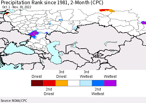 Russian Federation Precipitation Rank since 1981, 2-Month (CPC) Thematic Map For 10/1/2022 - 11/30/2022