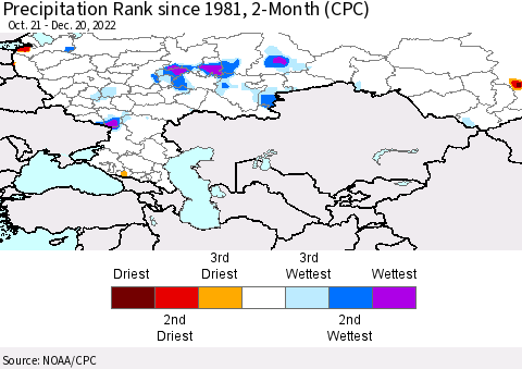 Russian Federation Precipitation Rank since 1981, 2-Month (CPC) Thematic Map For 10/21/2022 - 12/20/2022