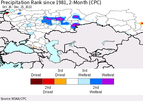 Russian Federation Precipitation Rank since 1981, 2-Month (CPC) Thematic Map For 10/26/2022 - 12/25/2022