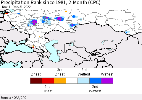 Russian Federation Precipitation Rank since 1981, 2-Month (CPC) Thematic Map For 11/1/2022 - 12/31/2022