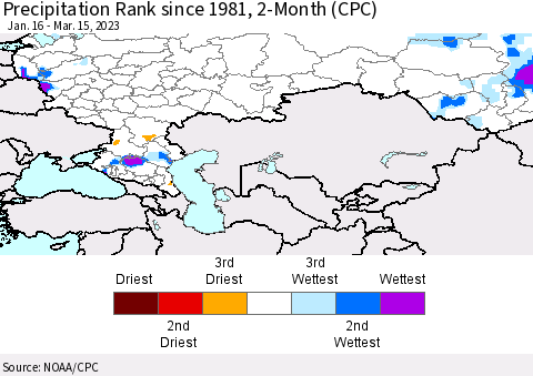 Russian Federation Precipitation Rank since 1981, 2-Month (CPC) Thematic Map For 1/16/2023 - 3/15/2023
