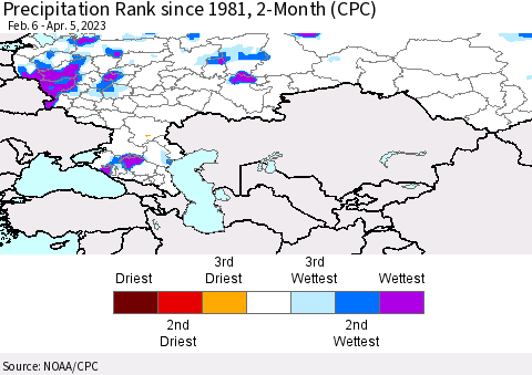 Russian Federation Precipitation Rank since 1981, 2-Month (CPC) Thematic Map For 2/6/2023 - 4/5/2023