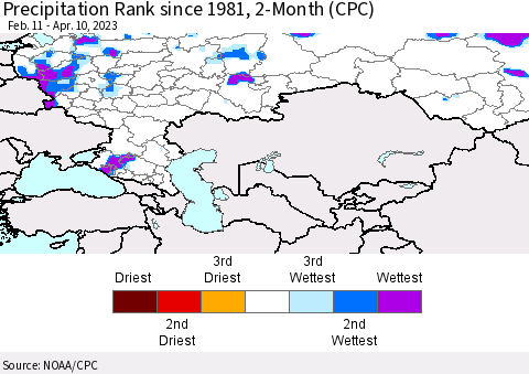 Russian Federation Precipitation Rank since 1981, 2-Month (CPC) Thematic Map For 2/11/2023 - 4/10/2023