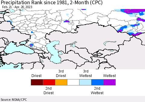 Russian Federation Precipitation Rank since 1981, 2-Month (CPC) Thematic Map For 2/21/2023 - 4/20/2023