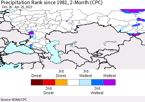 Russian Federation Precipitation Rank since 1981, 2-Month (CPC) Thematic Map For 2/26/2023 - 4/25/2023